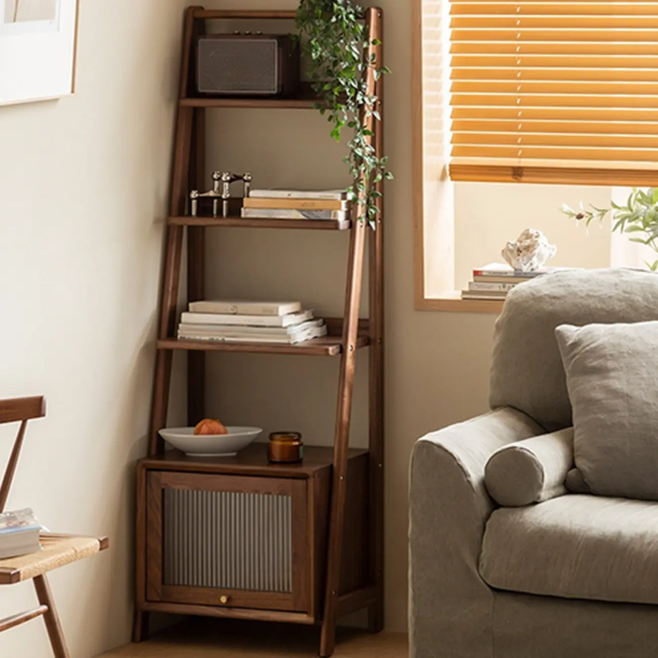 Narrow Brown Wood Ladder Bookcase with Storage Image - 3 | homeyfad