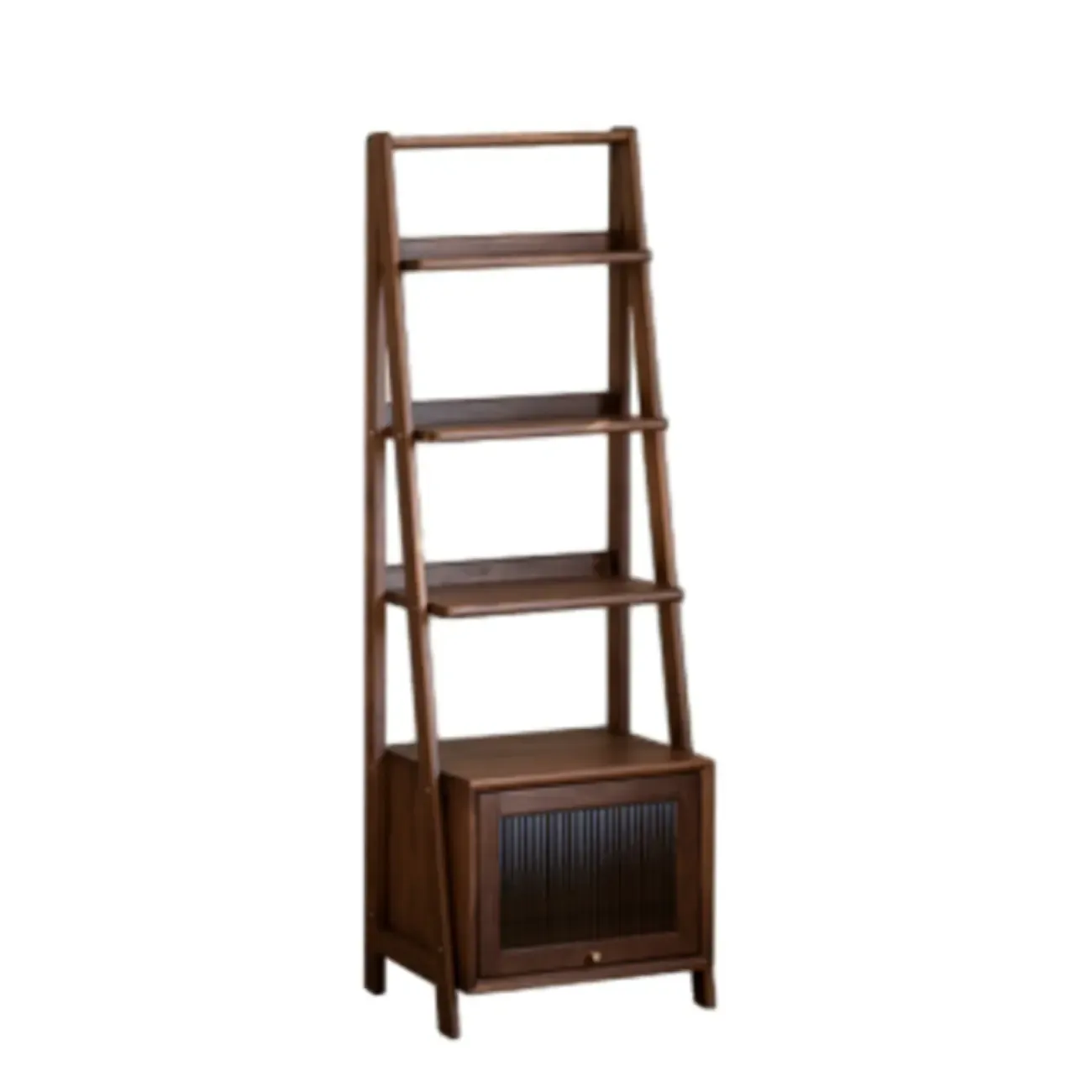 Narrow Brown Wood Ladder Bookcase with Storage Image - 4