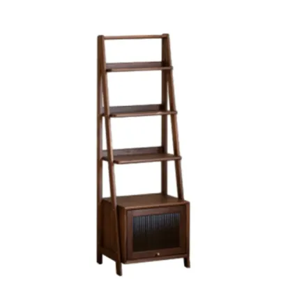 Narrow Brown Wood Ladder Bookcase with Storage Image - 4