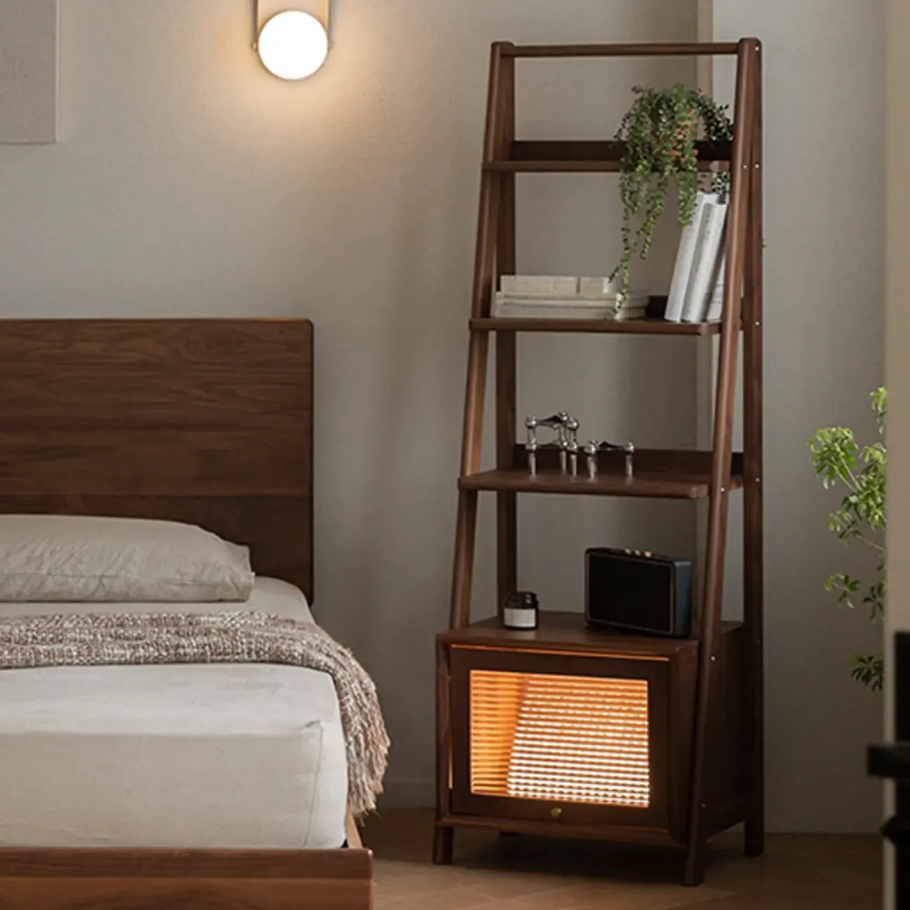 Narrow Brown Wood Ladder Bookcase with Storage Image - 1