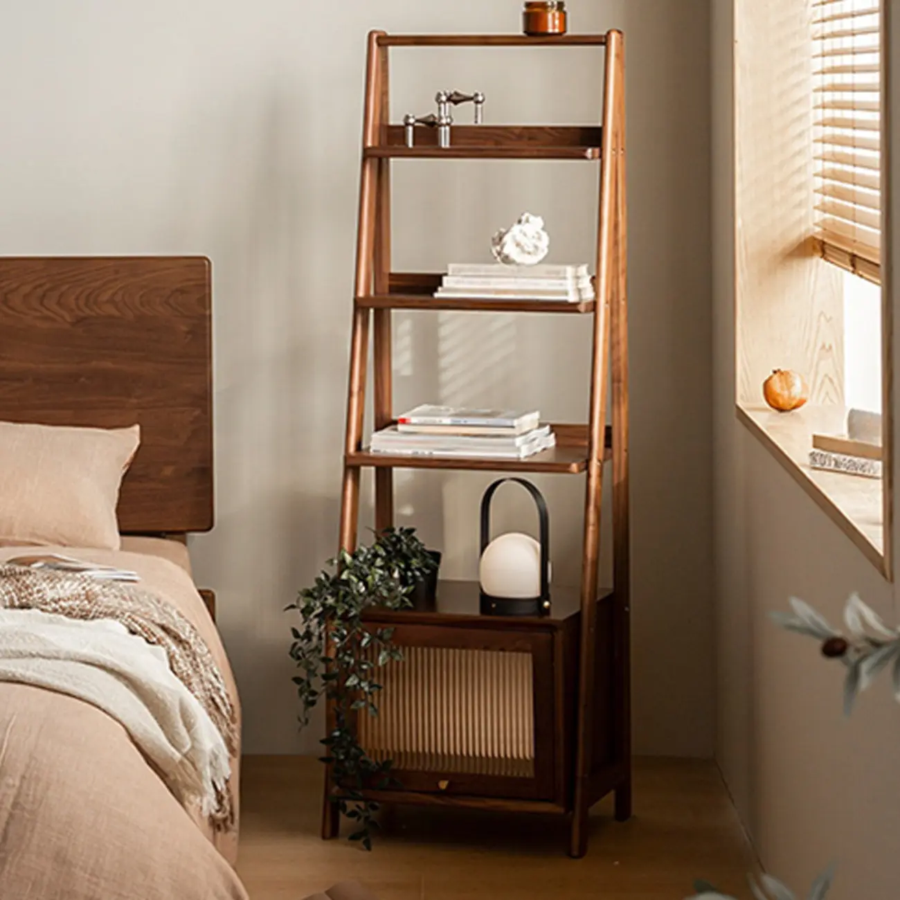 Narrow Brown Wood Ladder Bookcase with Storage Image - 5 | homeyfad