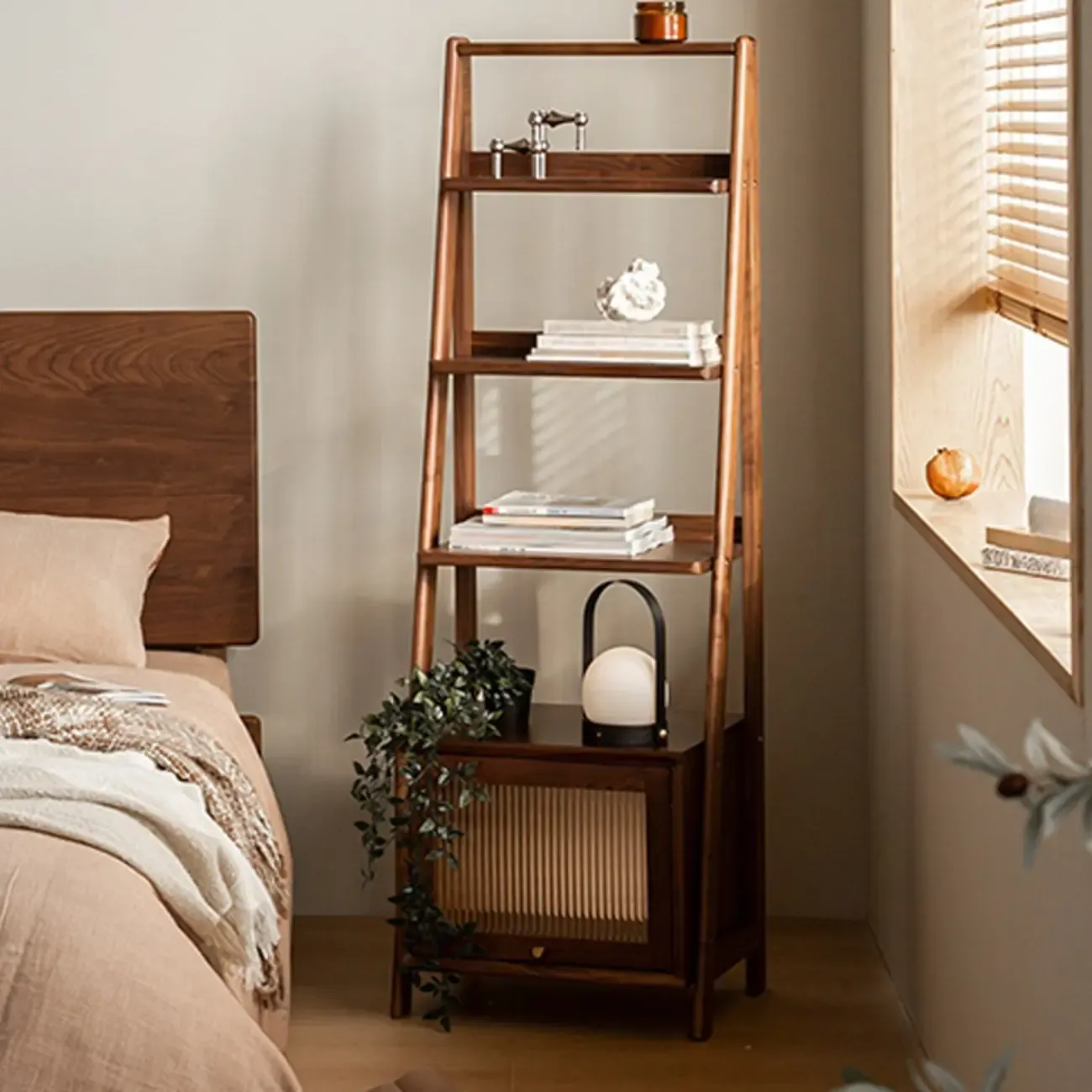 Narrow Brown Wood Ladder Bookcase with Storage Image - 5
