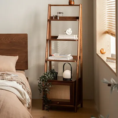Narrow Brown Wood Ladder Bookcase with Storage Image - 5