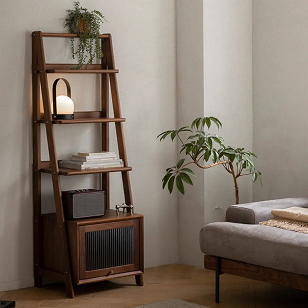 Narrow Brown Wood Ladder Bookcase with Storage Image - 2 | homeyfad