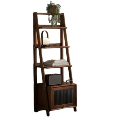 Narrow Brown Wood Ladder Bookcase with Storage Image - 6
