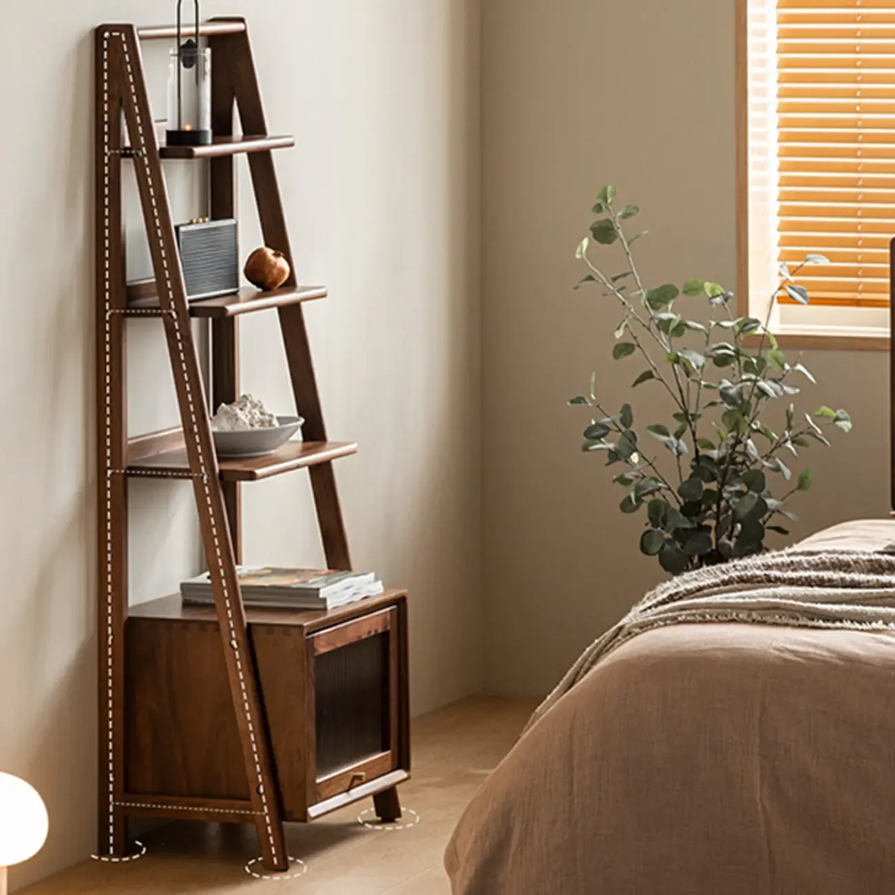 Narrow Brown Wood Ladder Bookcase with Storage Image - 7