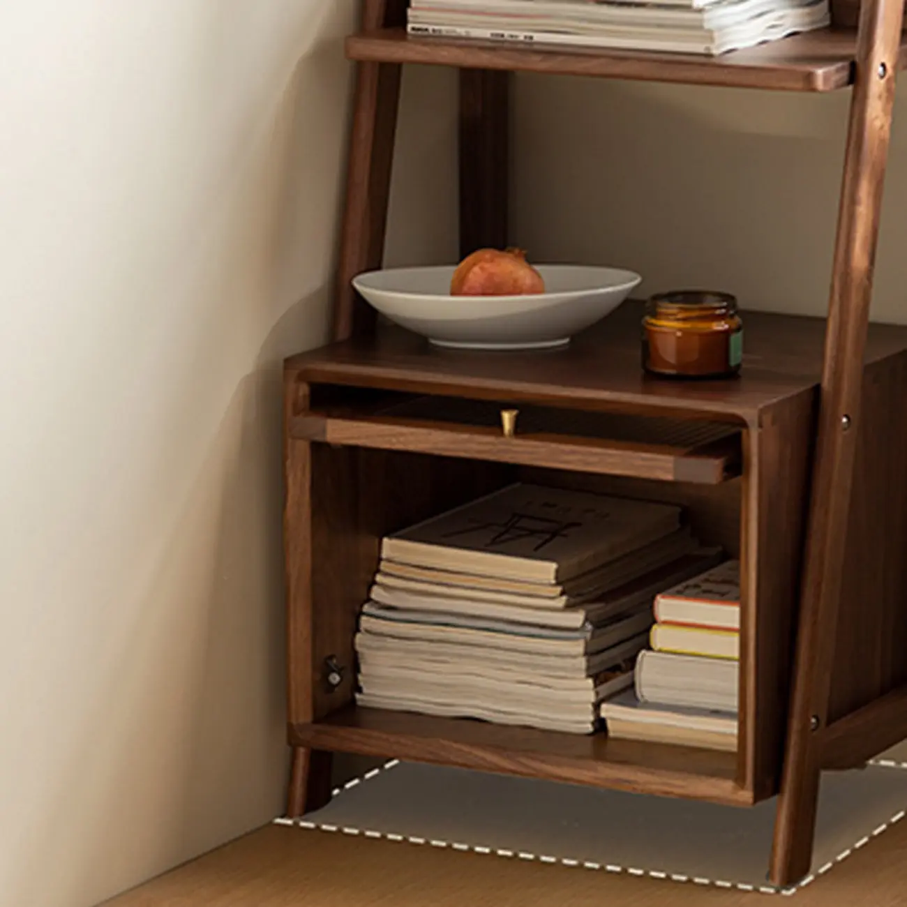 Narrow Brown Wood Ladder Bookcase with Storage Image - 8 | homeyfad