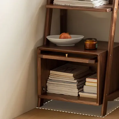 Narrow Brown Wood Ladder Bookcase with Storage Image - 8