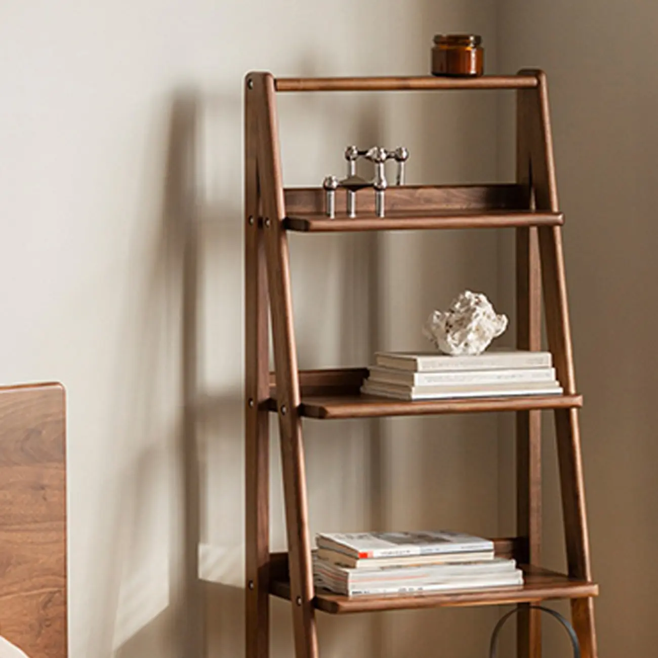 Narrow Brown Wood Ladder Bookcase with Storage Image - 9 | homeyfad