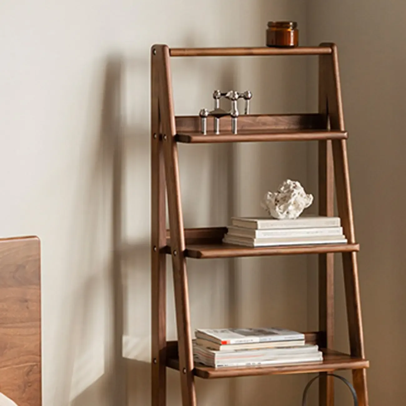 Narrow Brown Wood Ladder Bookcase with Storage Image - 9