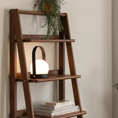 Narrow Brown Wood Ladder Bookcase with Storage Image - 10