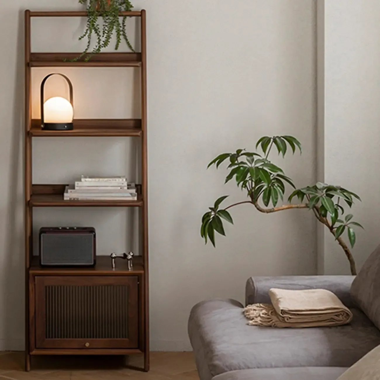 Narrow Brown Wood Ladder Bookcase with Storage Image - 11