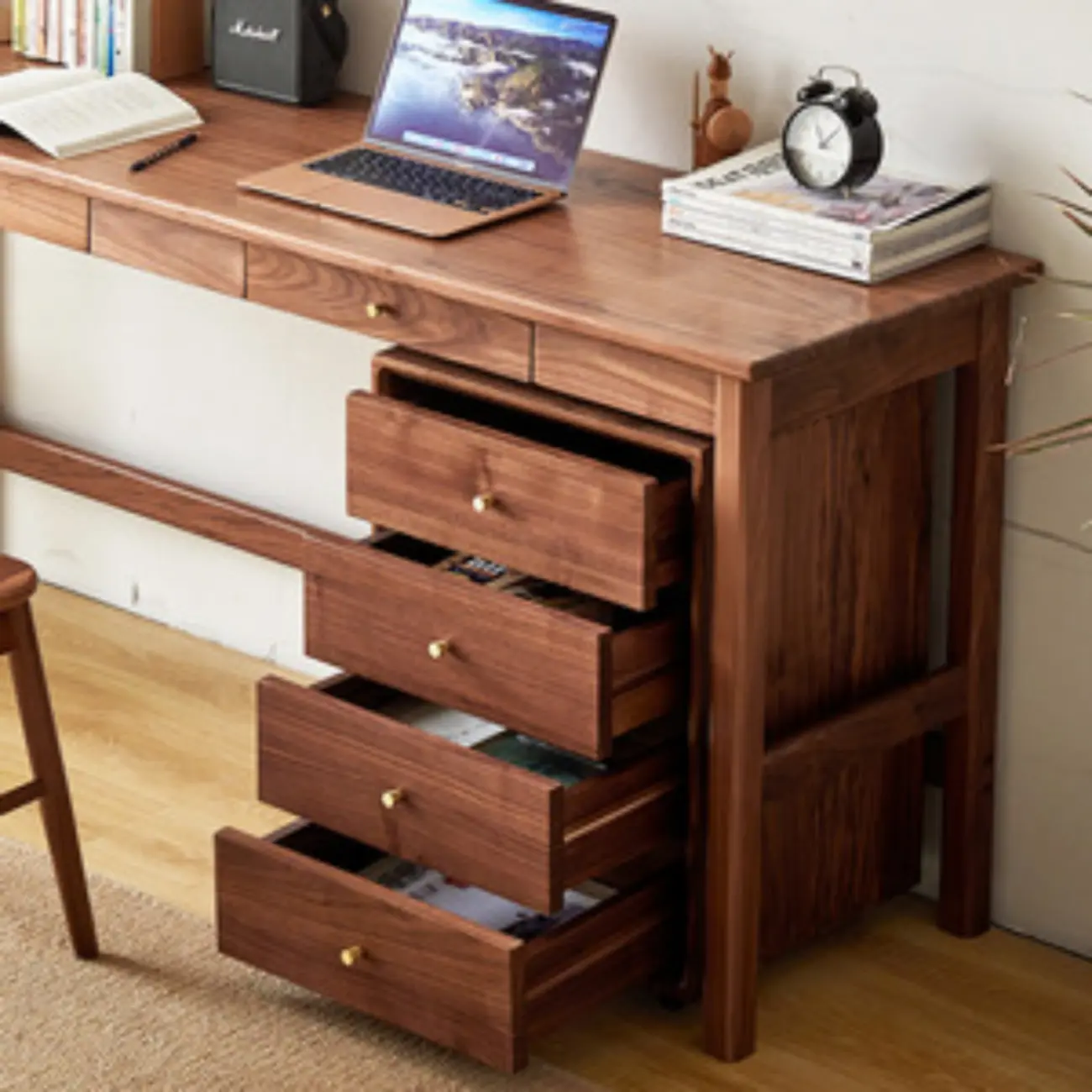 Modern Brown Wooden Filing Cabinet with Drawers and Wheels Image - 4 | homeyfad
