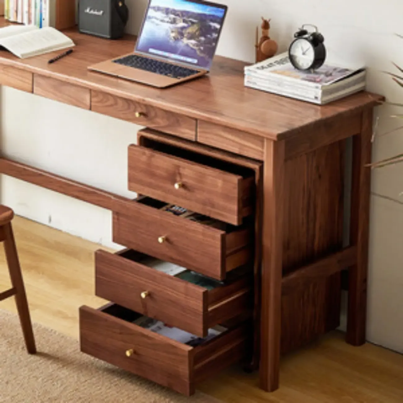 Modern Brown Wooden Filing Cabinet with Drawers and Wheels Image - 4