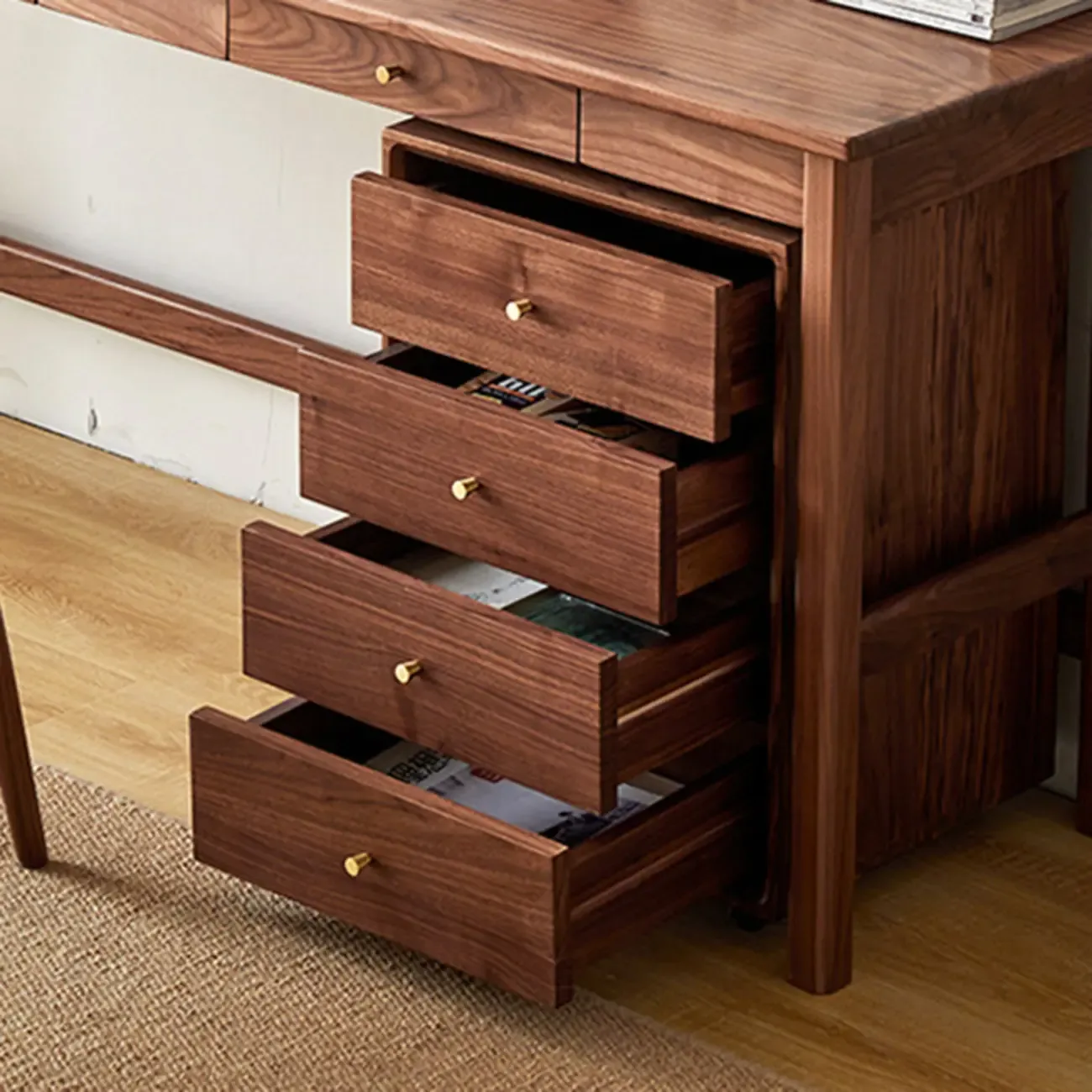 Modern Brown Wooden Filing Cabinet with Drawers and Wheels Image - 2