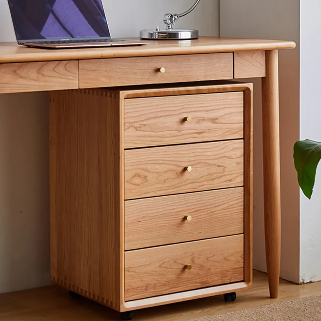 Modern Brown Wooden Filing Cabinet with Drawers and Wheels Image - 3