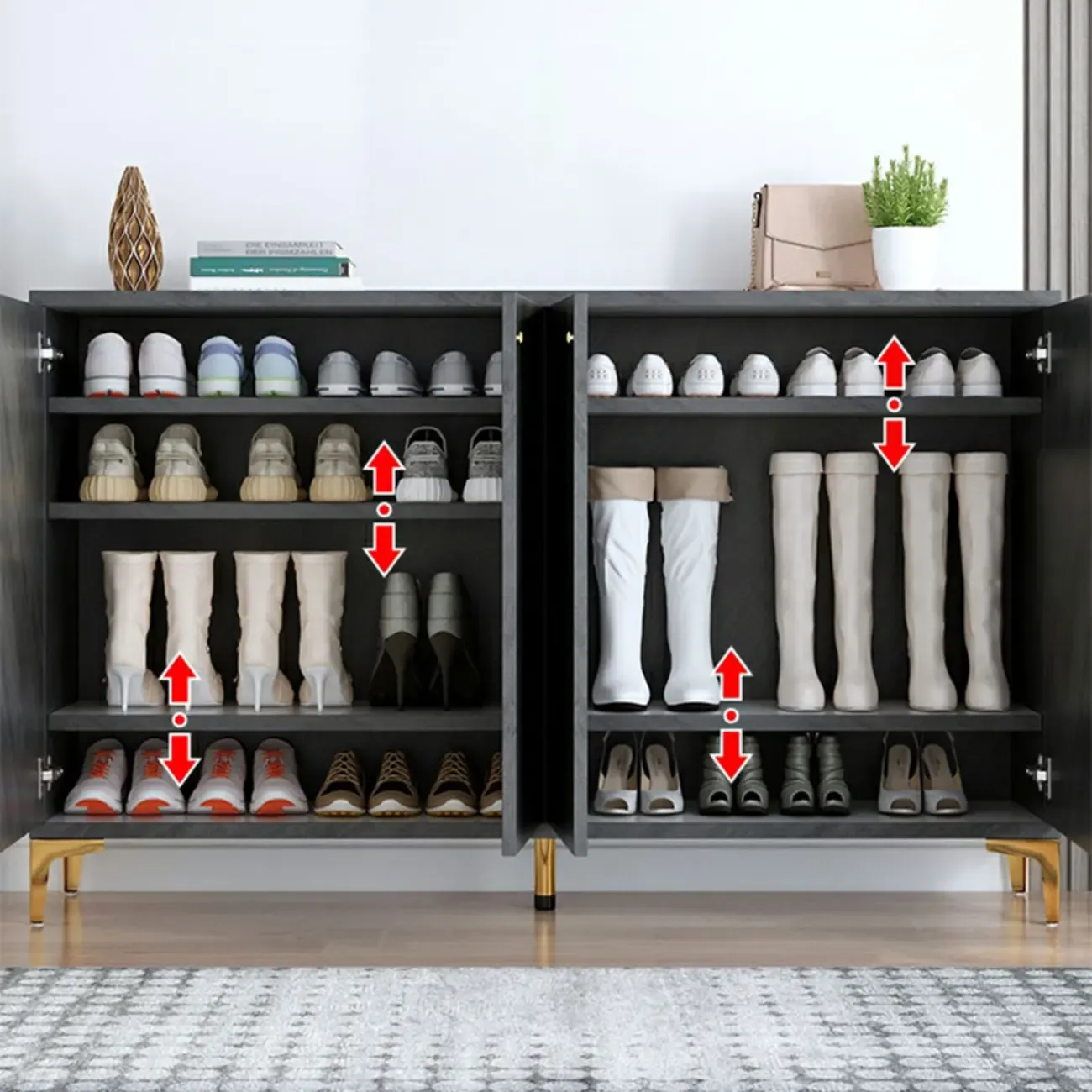 Elegant Grey Wood Hallway Shoe Cabinet with Metal Legs Image - 4