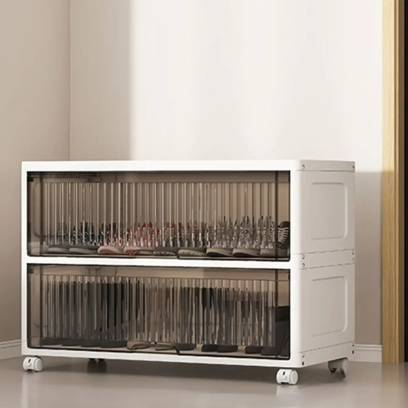 Hallway White Plastic Drop-Front Shoe Cabinet with Casters Image - 4