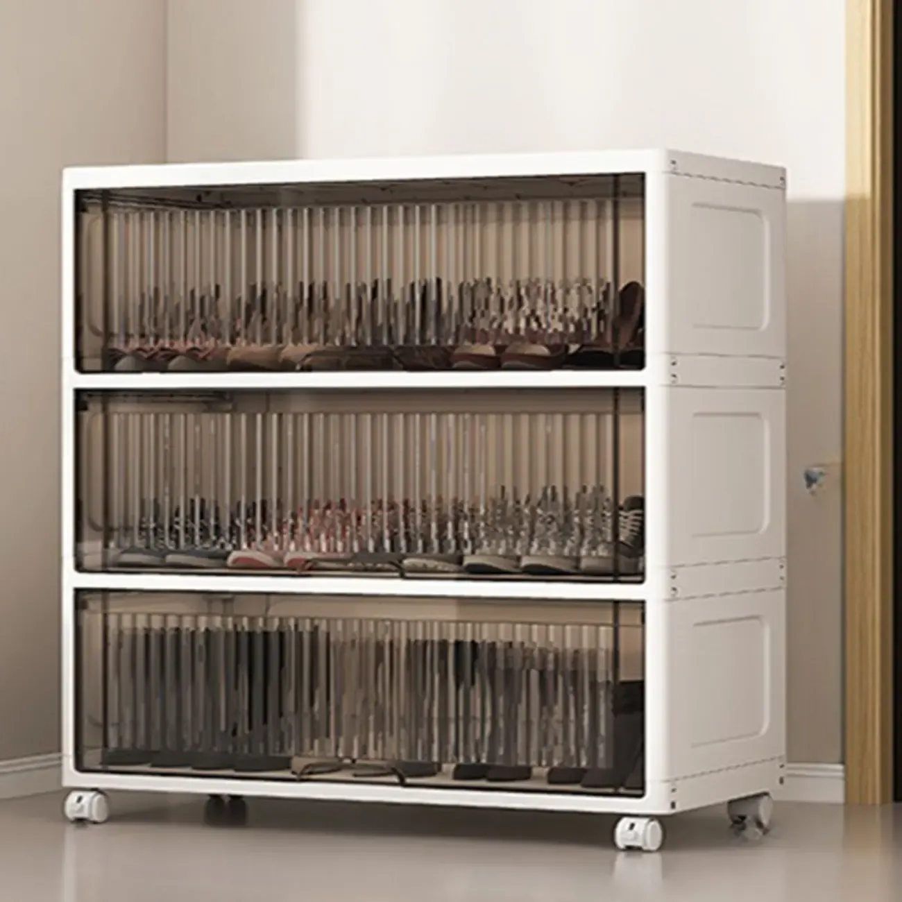 Hallway White Plastic Drop-Front Shoe Cabinet with Casters Image - 5