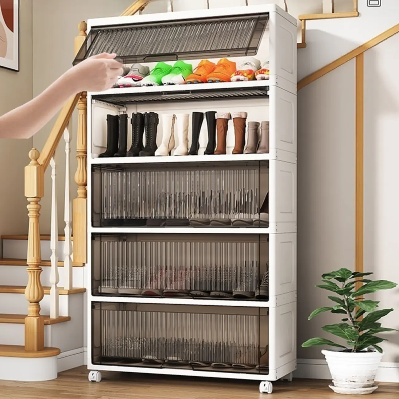 Hallway White Plastic Drop-Front Shoe Cabinet with Casters Image - 6 | homeyfad