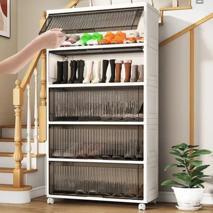 Hallway White Plastic Drop-Front Shoe Cabinet with Casters Image - 6