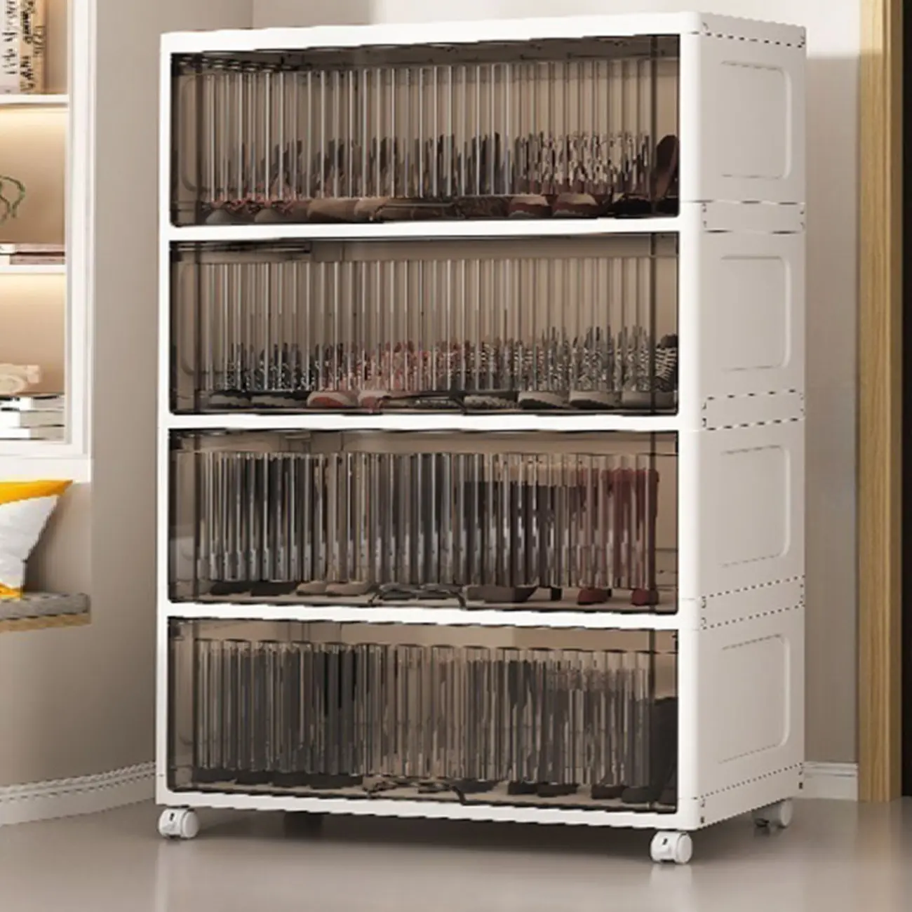 Hallway White Plastic Drop-Front Shoe Cabinet with Casters Image - 7 | homeyfad