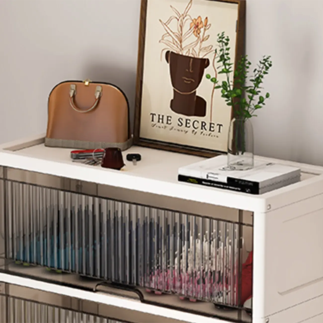 Hallway White Plastic Drop-Front Shoe Cabinet with Casters Image - 9