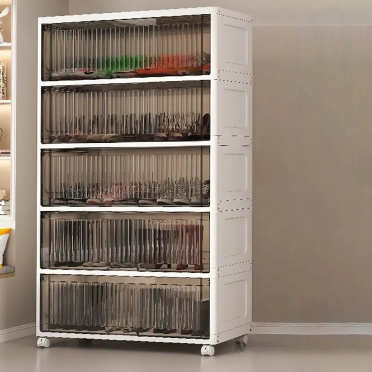 Hallway White Plastic Drop-Front Shoe Cabinet with Casters Image - 3