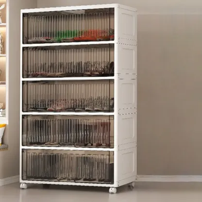 Hallway White Plastic Drop-Front Shoe Cabinet with Casters Image - 3