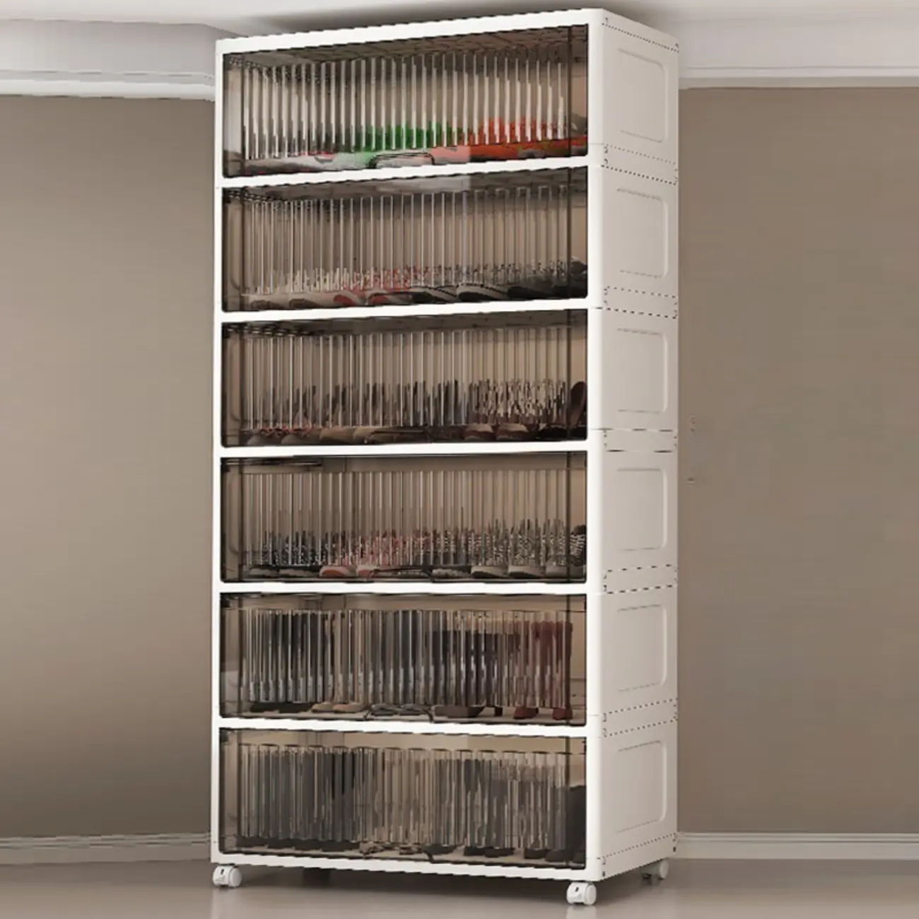 Hallway White Plastic Drop-Front Shoe Cabinet with Casters Image - 2 | homeyfad