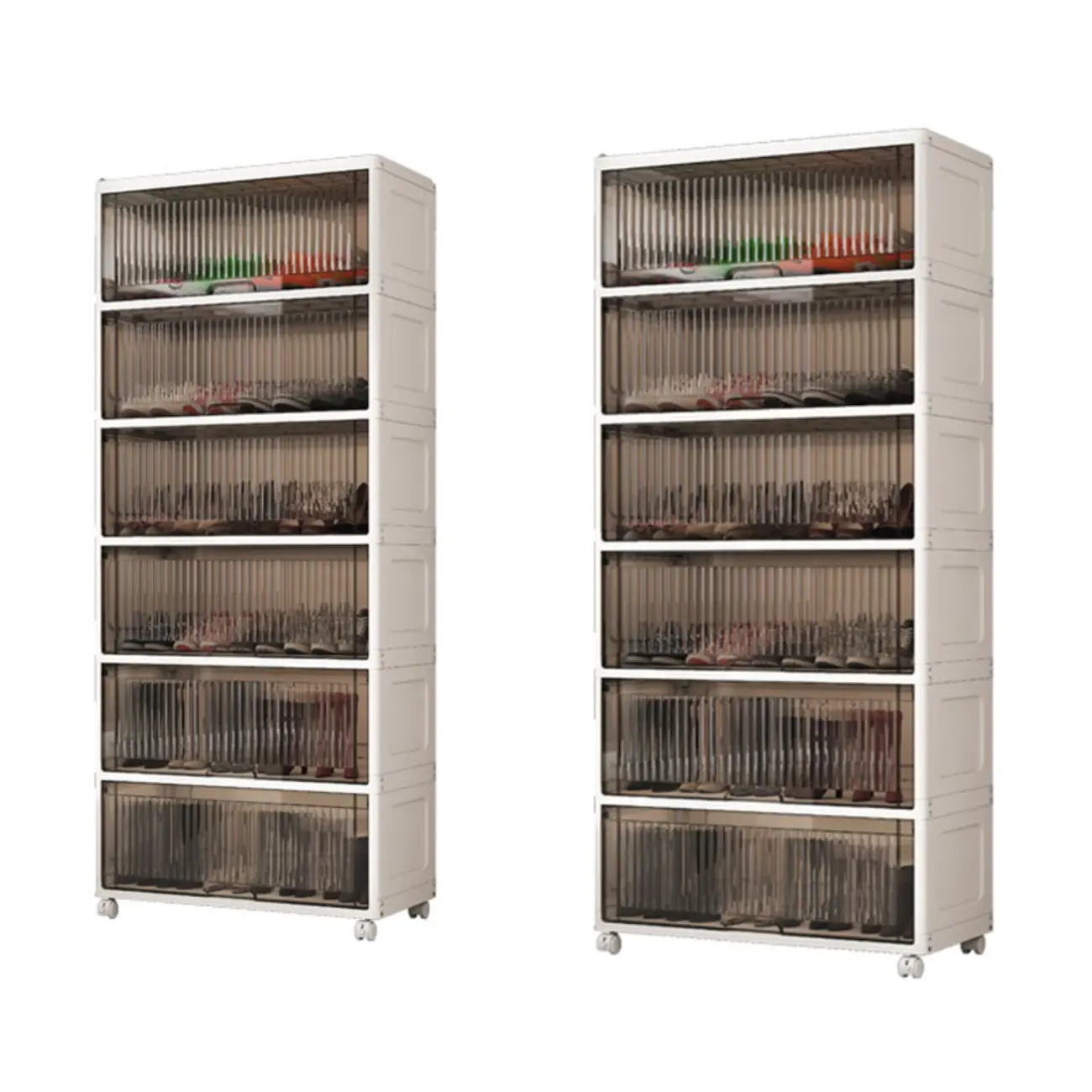 Hallway White Plastic Drop-Front Shoe Cabinet with Casters Image - 10 | homeyfad