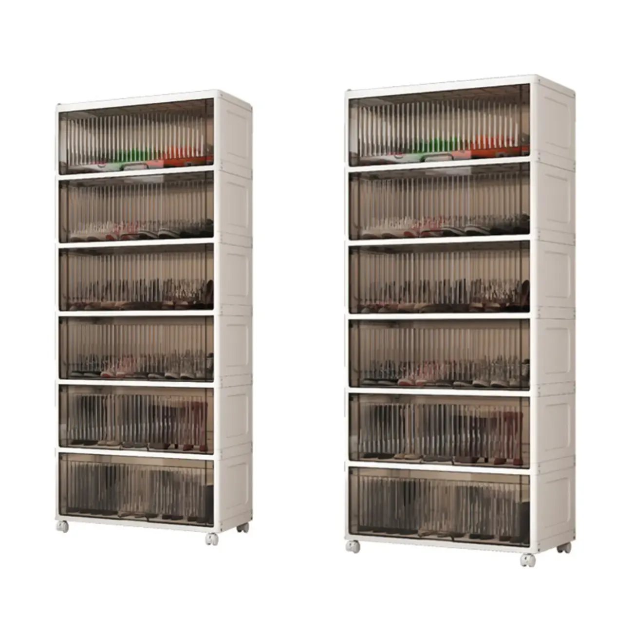 Hallway White Plastic Drop-Front Shoe Cabinet with Casters Image - 10