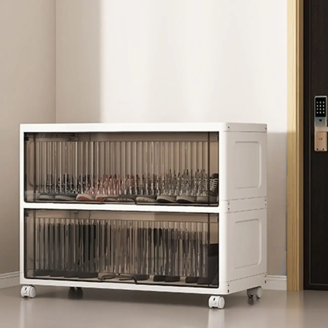 Hallway White Plastic Drop-Front Shoe Cabinet with Casters Image - 11