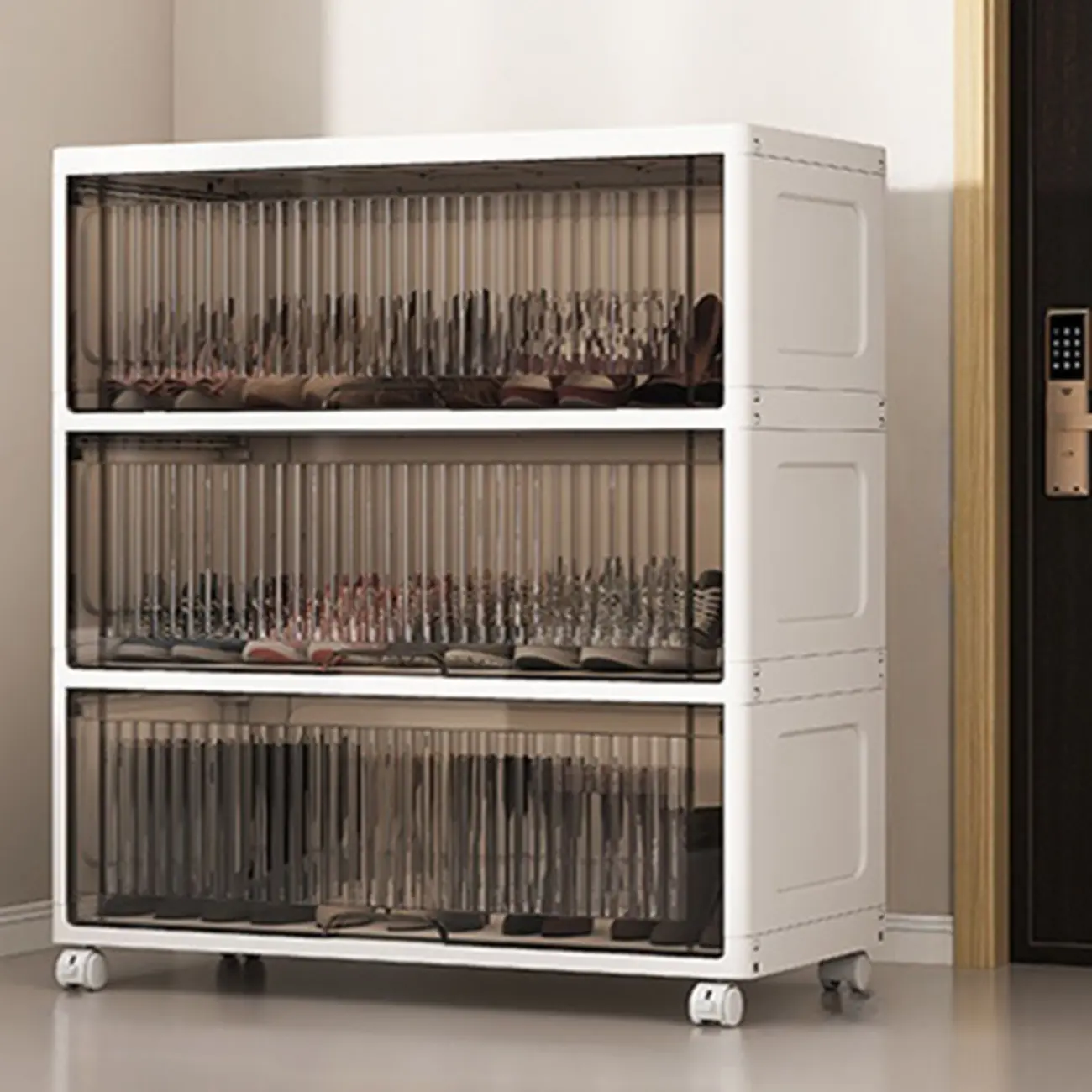 Hallway White Plastic Drop-Front Shoe Cabinet with Casters Image - 14 | homeyfad