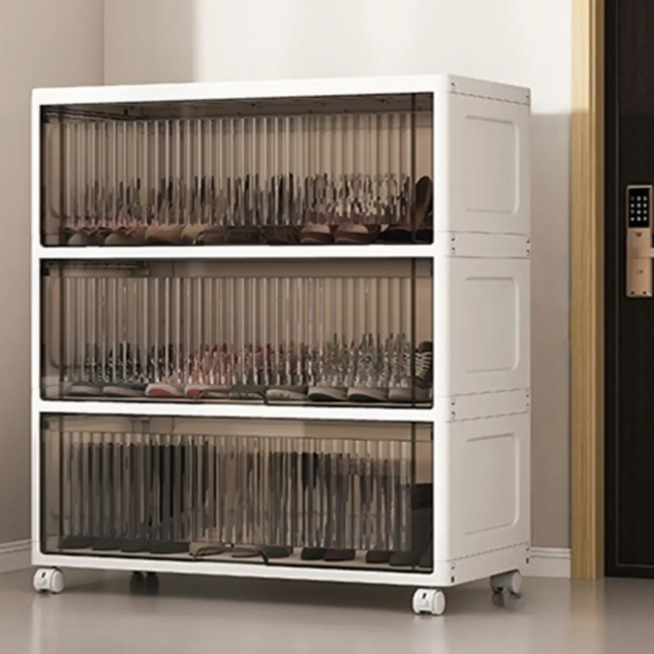 Hallway White Plastic Drop-Front Shoe Cabinet with Casters Image - 14