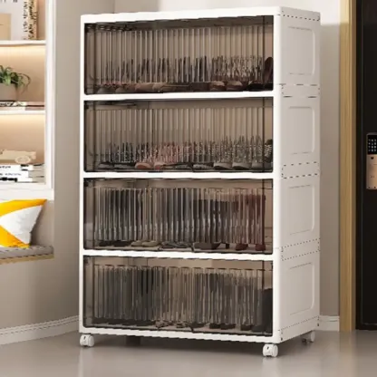 Hallway White Plastic Drop-Front Shoe Cabinet with Casters Image - 15