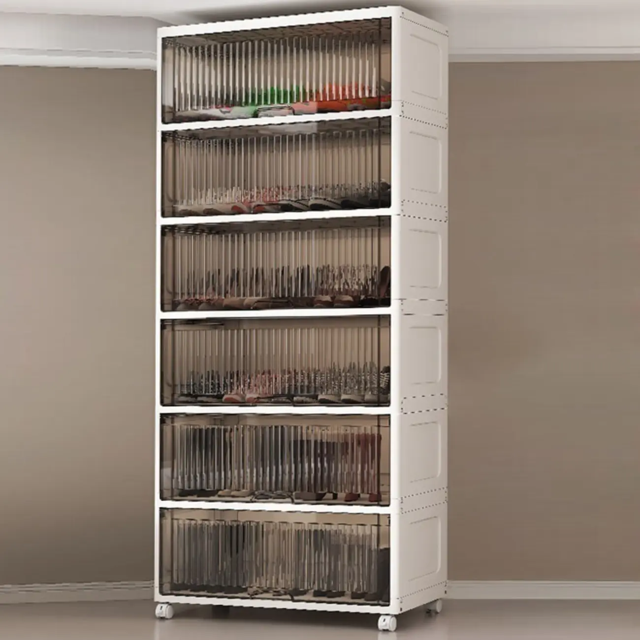 Hallway White Plastic Drop-Front Shoe Cabinet with Casters Image - 17 | homeyfad