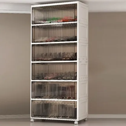 Hallway White Plastic Drop-Front Shoe Cabinet with Casters Image - 17