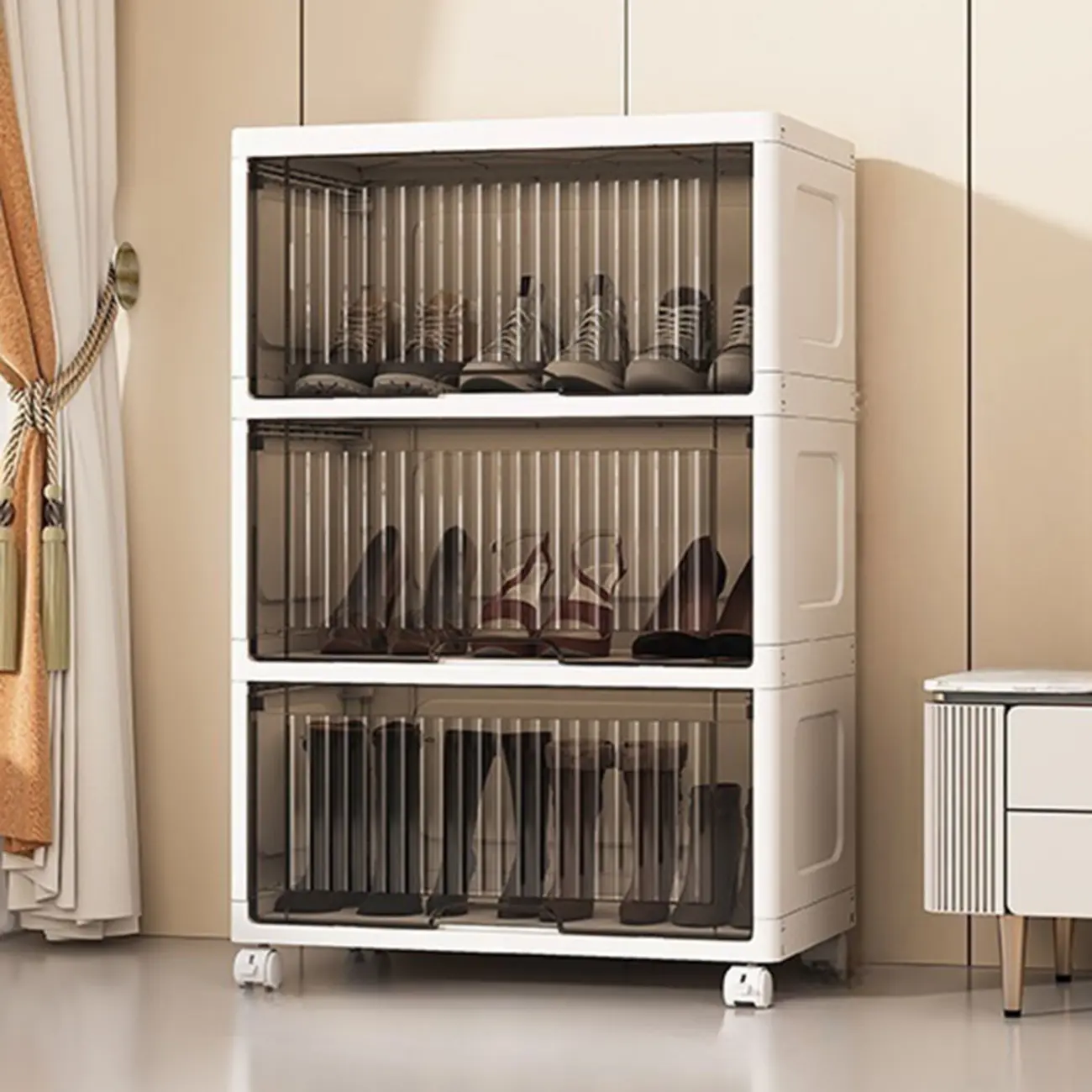 Hallway White Plastic Drop-Front Shoe Cabinet with Casters Image - 19 | homeyfad