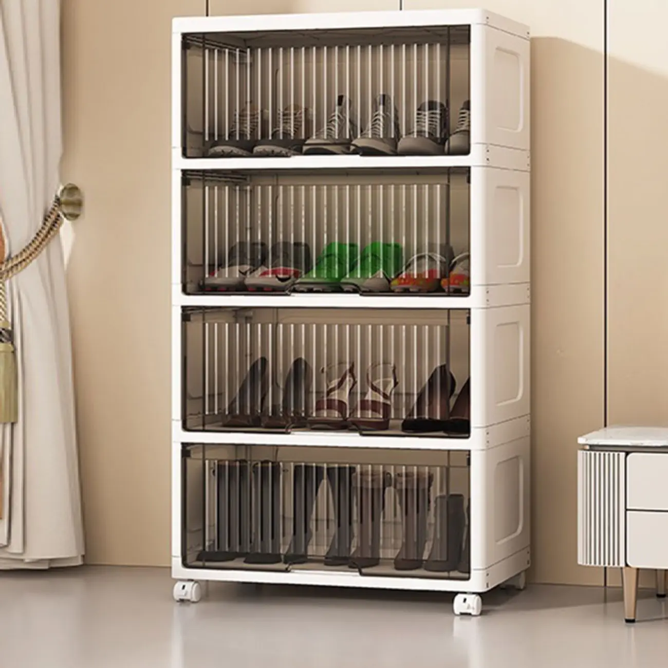 Hallway White Plastic Drop-Front Shoe Cabinet with Casters Image - 20 | homeyfad