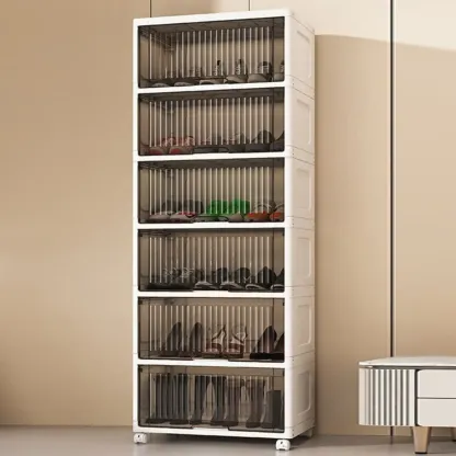 Hallway White Plastic Drop-Front Shoe Cabinet with Casters Image - 22