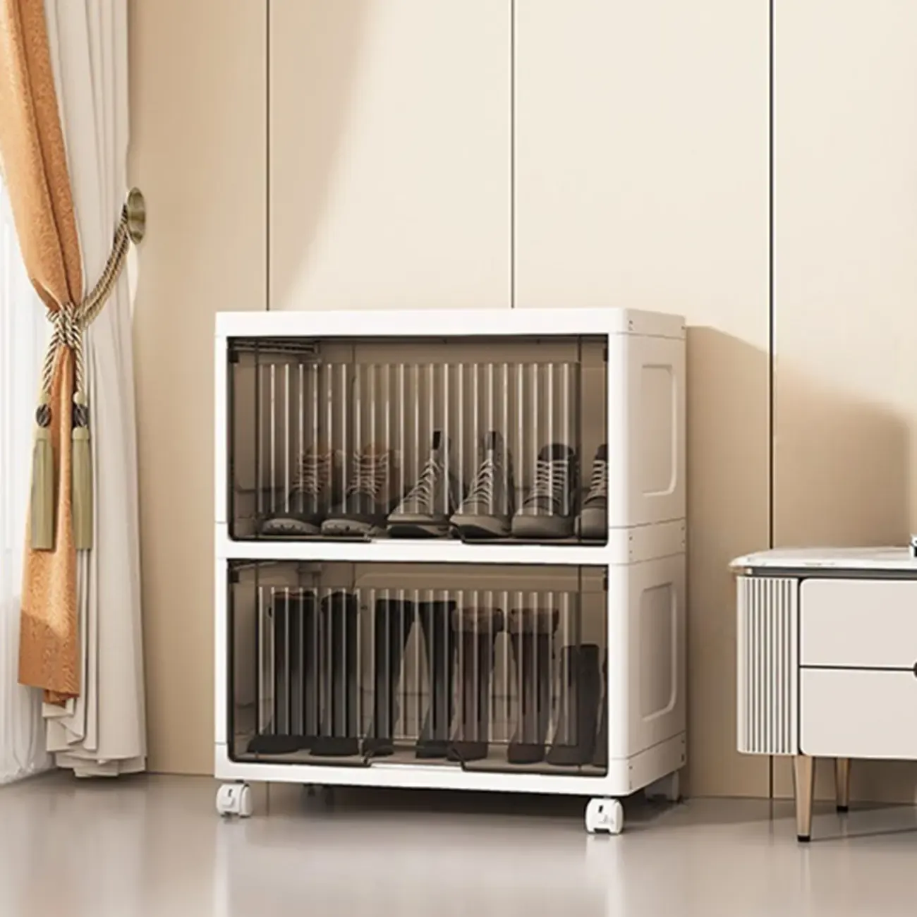 Hallway White Plastic Drop-Front Shoe Cabinet with Casters Image - 23