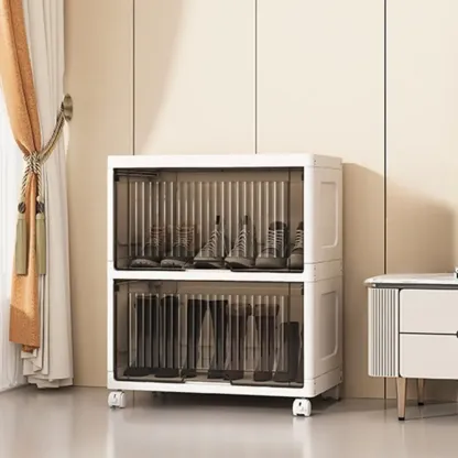 Hallway White Plastic Drop-Front Shoe Cabinet with Casters Image - 23