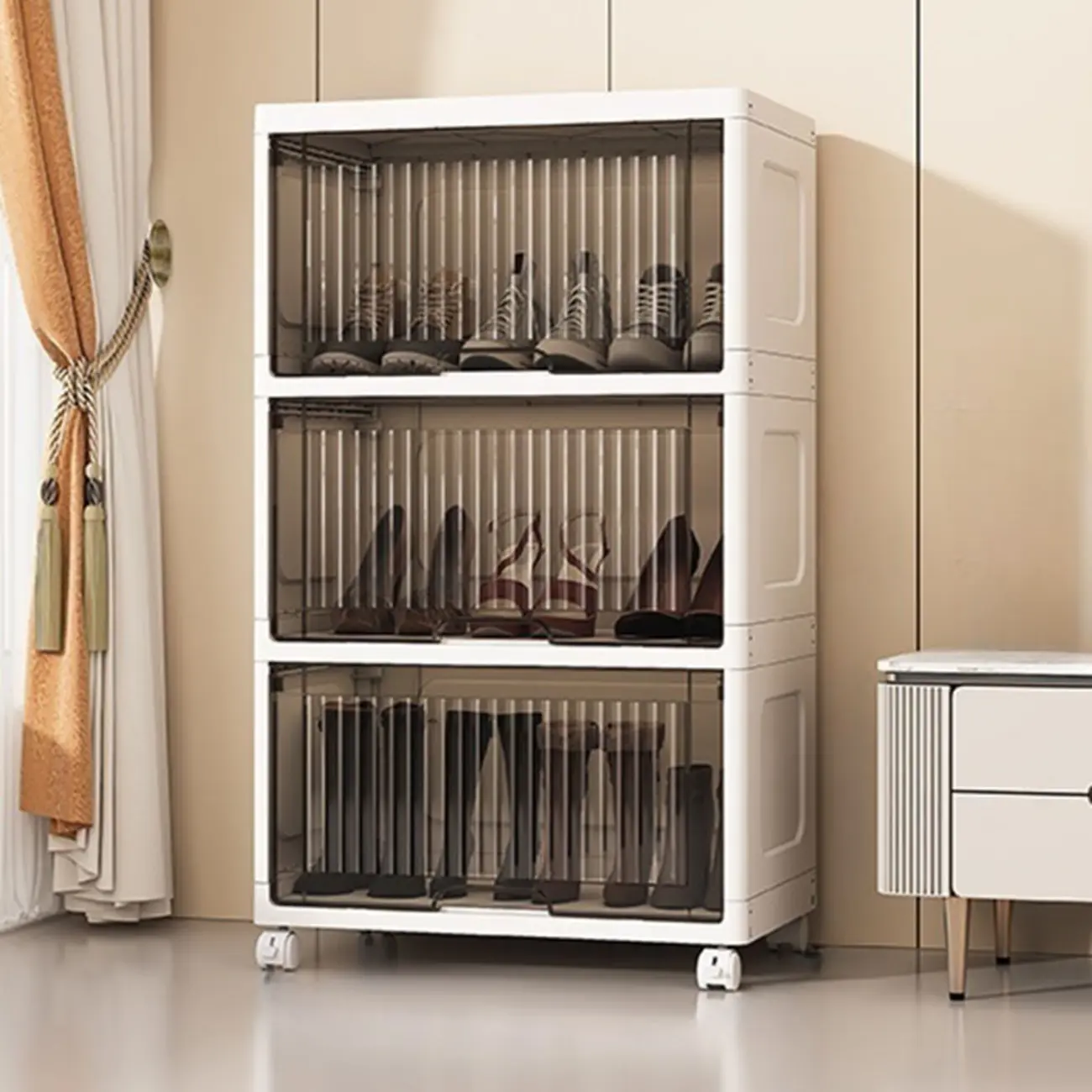 Hallway White Plastic Drop-Front Shoe Cabinet with Casters Image - 24 | homeyfad