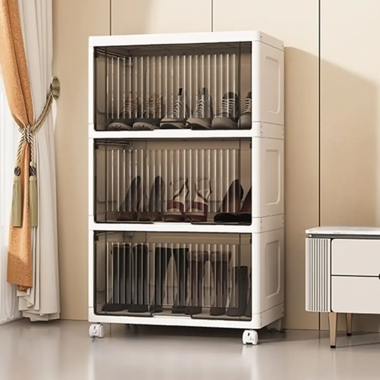 Hallway White Plastic Drop-Front Shoe Cabinet with Casters Image - 24