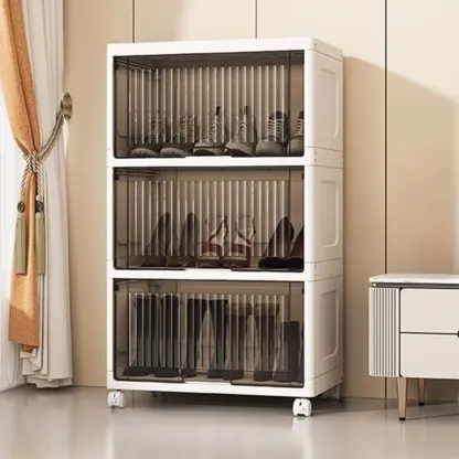 Hallway White Plastic Drop-Front Shoe Cabinet with Casters Image - 24