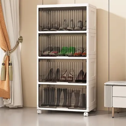 Hallway White Plastic Drop-Front Shoe Cabinet with Casters Image - 25