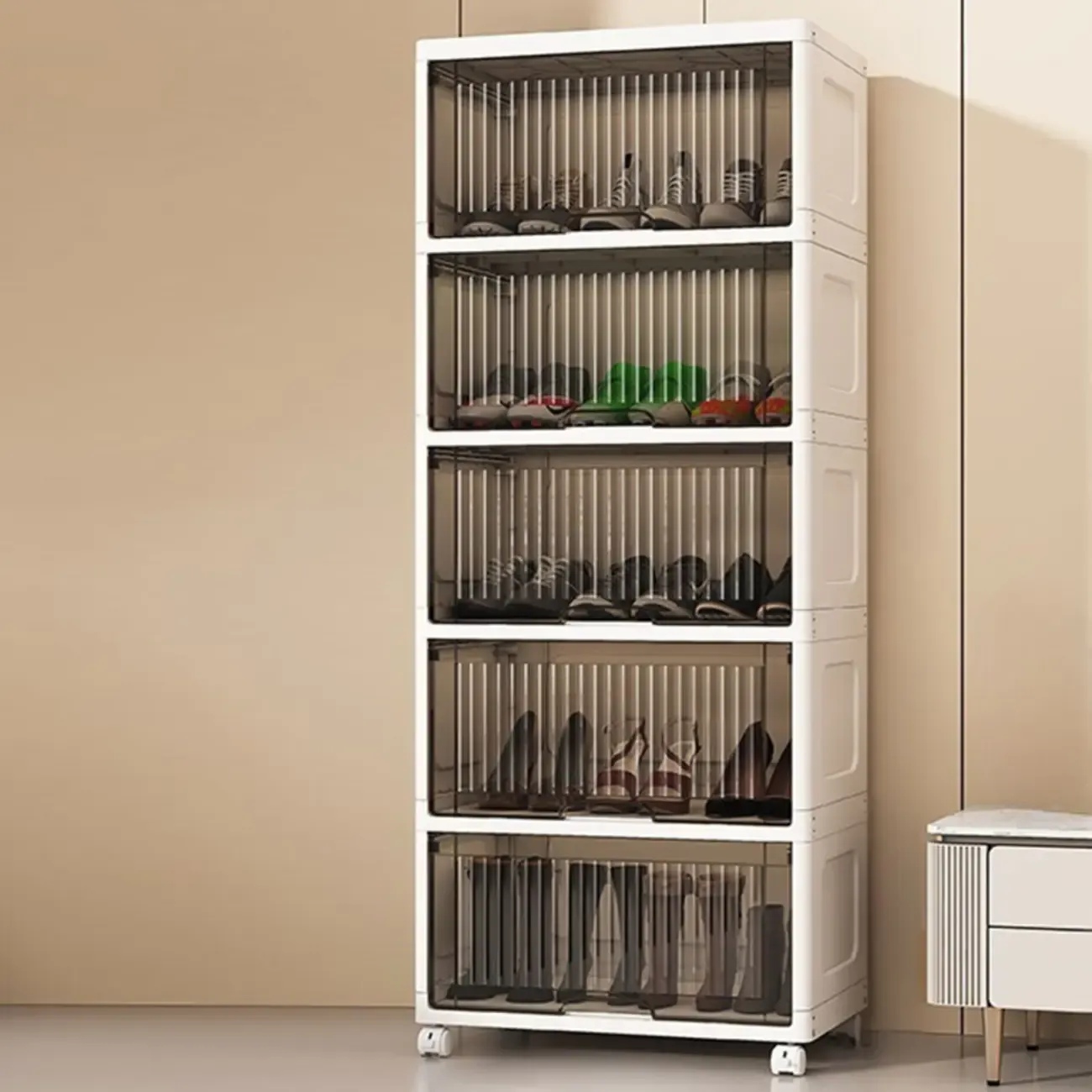 Hallway White Plastic Drop-Front Shoe Cabinet with Casters Image - 26