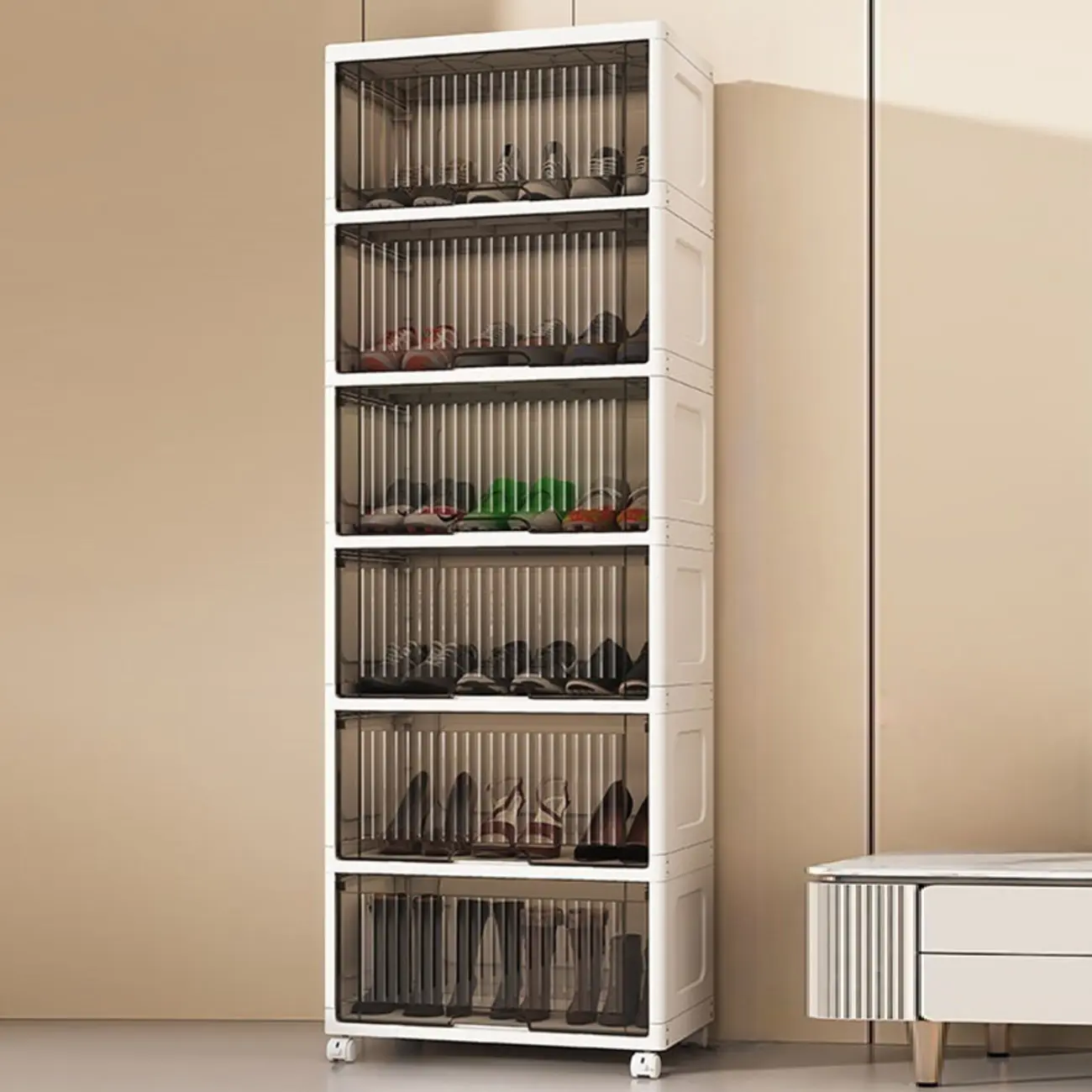 Hallway White Plastic Drop-Front Shoe Cabinet with Casters Image - 27 | homeyfad