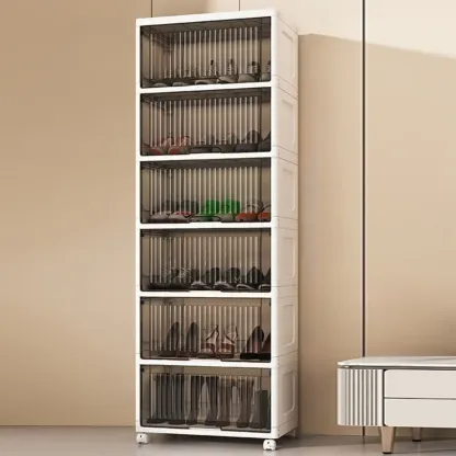 Hallway White Plastic Drop-Front Shoe Cabinet with Casters Image - 27